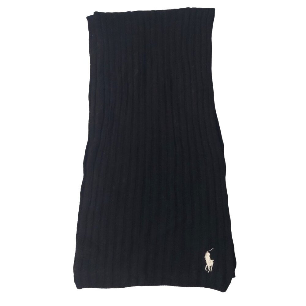 POLO Ralph Lauren 80s Vintage Black Ribbed Knit Scarf Embroidered Logo Scarves - Picture 3 of 7